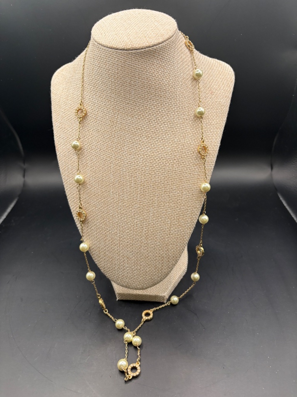 J Crew Faux Pearl Crystal Gold Tone Long Station Necklace